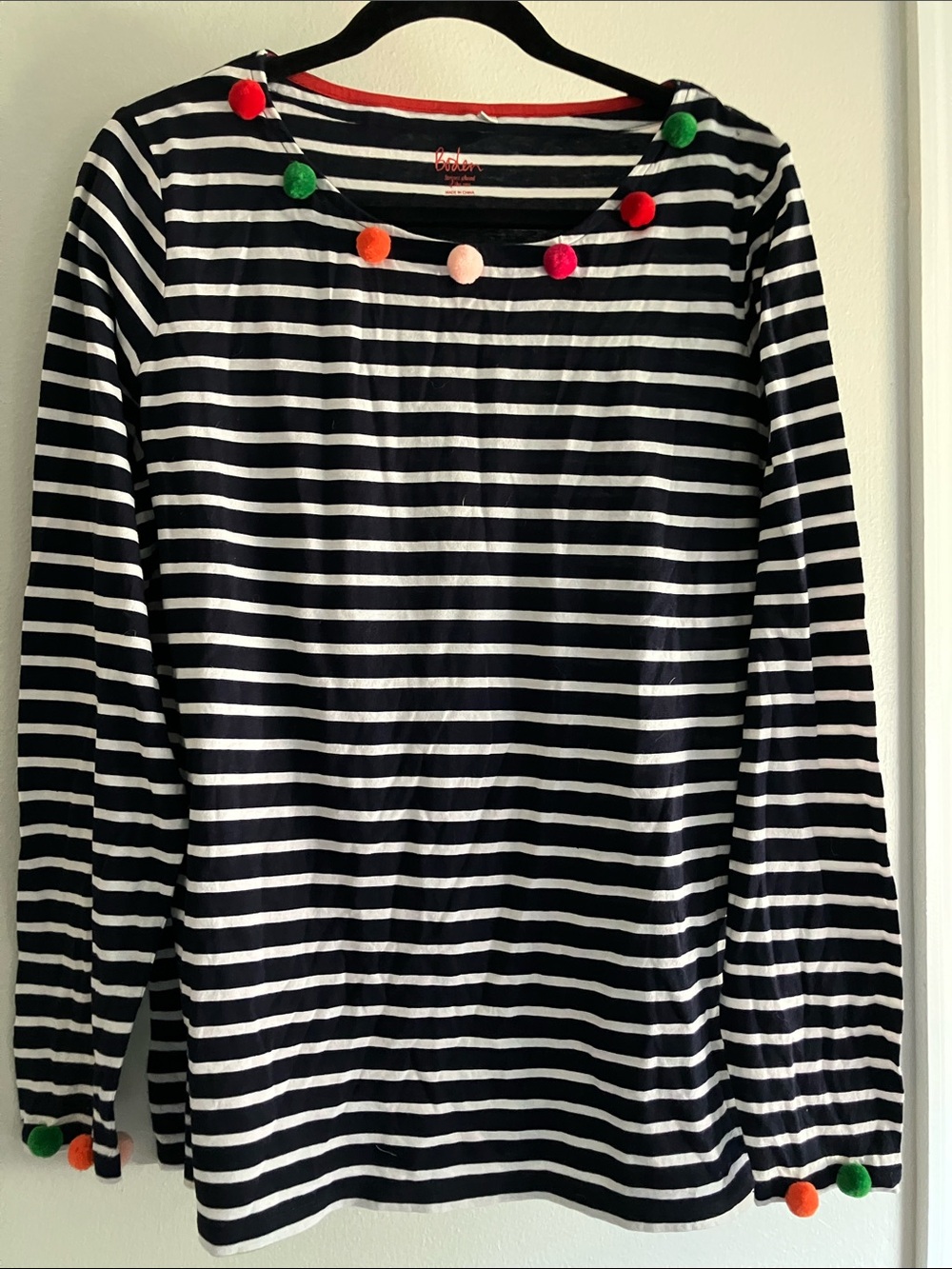 Boden  Striped Long-Sleeve Top with Colorful Pom Trim Stripes ahead of the rest